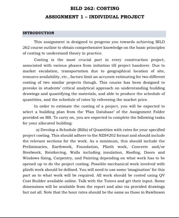 hi BILD 262: COSTING ASSIGNMENT 1 - INDIVIDUAL PROJECT INTRODUCTION This assignment