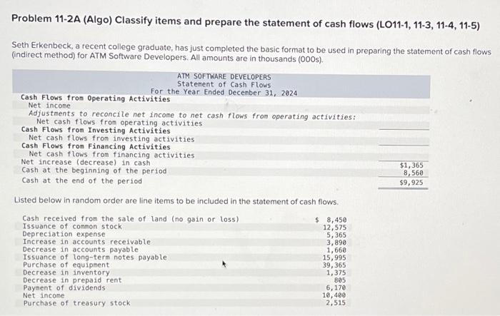  Problem 11-2A (Algo) Classify items and prepare the statement of cash