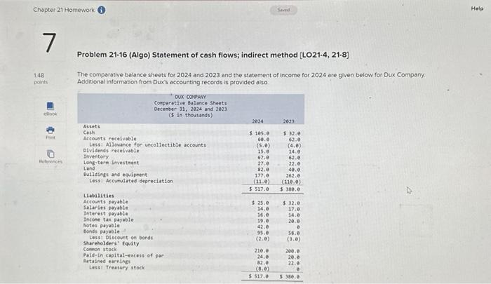 PLEASE HELP COMPLETE THIS QUESTION! Problem 21-16 (Algo) Statement of cash flows;