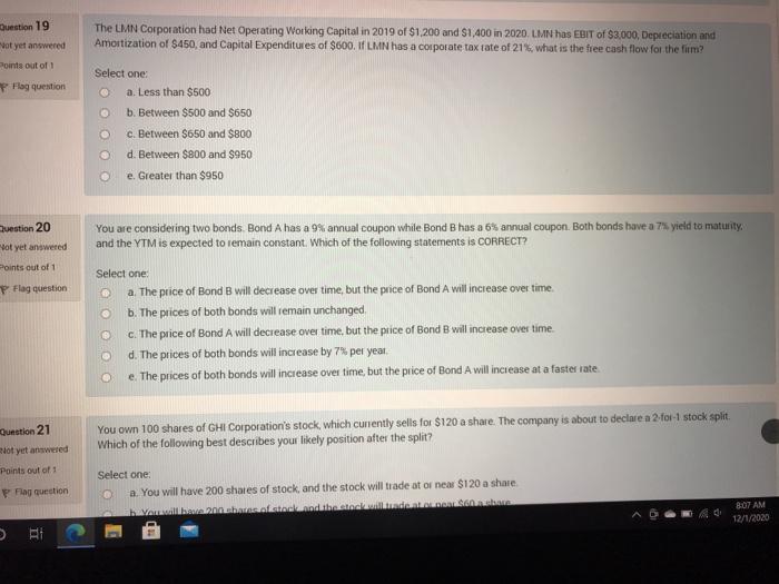 I need help with problems 19 and 20. Thanks. Question 19 Not