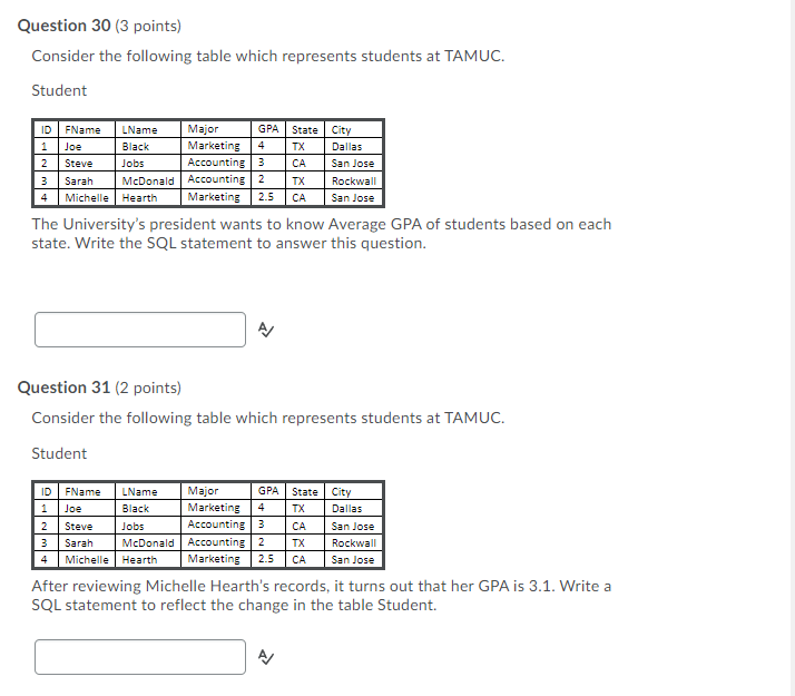  Question 30 (3 points) Consider the following table which represents students