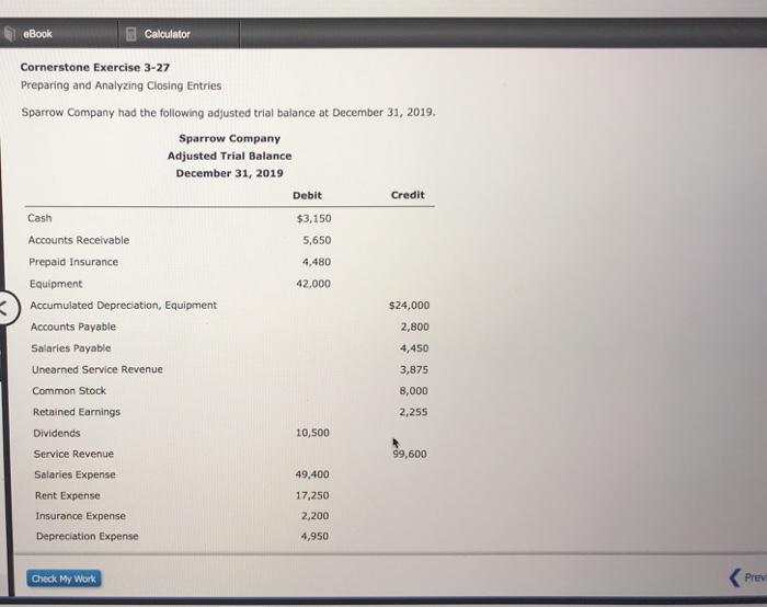  eBook Calculator Cornerstone Exercise 3-27 Preparing and Analyzing Closing Entries Sparrow