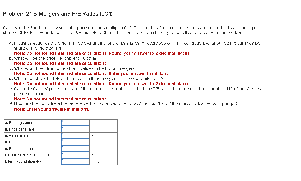  Problem 21-5 Mergers and P/E Ratios (LO1) Castles in the Sand