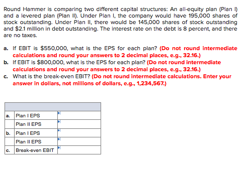 Round Hammer is comparing two different capital structures: An all-equity plan