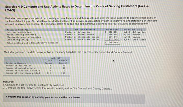  Exercise 4-9 Compute and Use Activity Rates to Determine the Costs