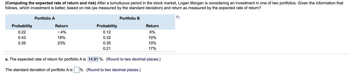 Please solve for standard deviation for portfolio A and B as well.