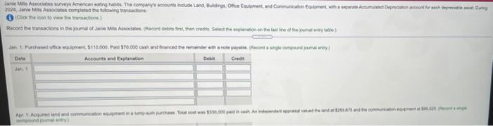 1 Purchased office equipment, $110,000. Paid $70,000 cash and financed the remainder