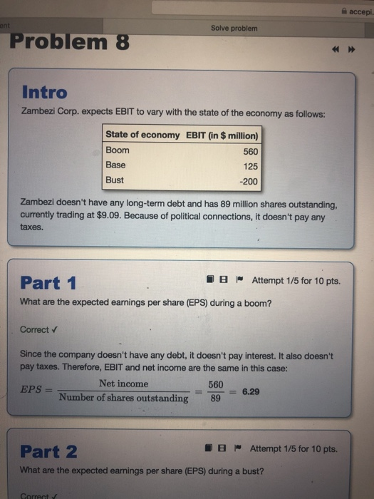  accept Solve problem Problem 8 Intro Zambezi Corp. expects EBIT to