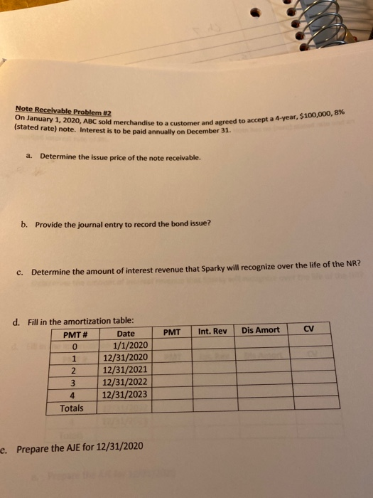  Note Receivable Problem 2 On January 1, 2020, ABC sold merchandise
