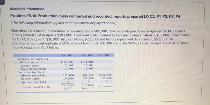  Required information Problem 15-1A Production costs computed and recorded; reports prepared