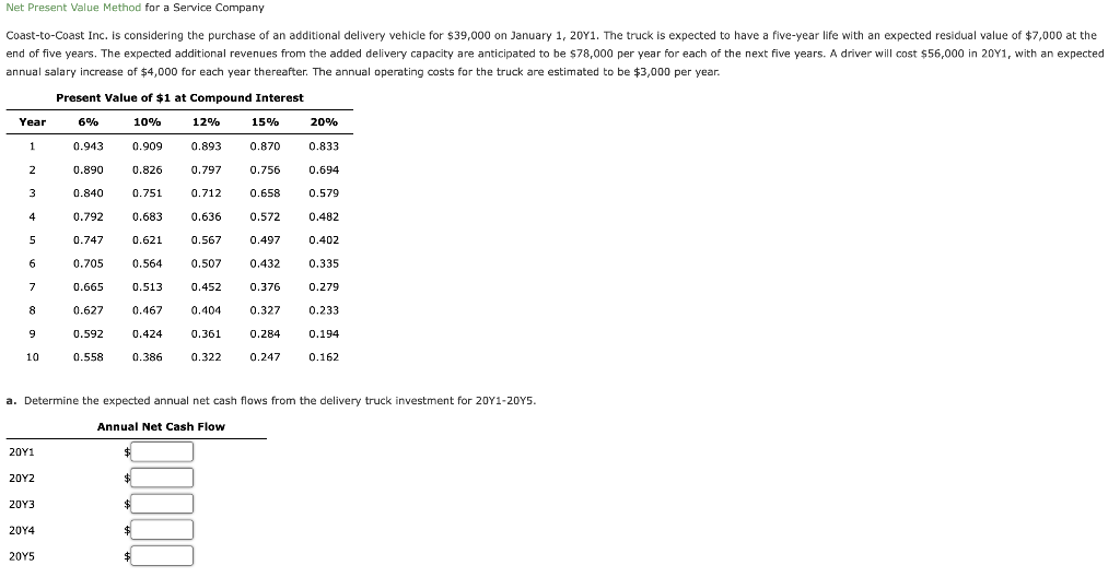  Net Present Value Method for a Service Company Coast-to-Coast Inc. is