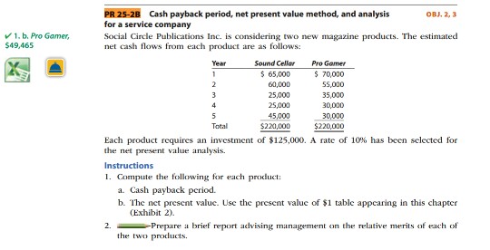  PR 25-2B Cash payback period, net present value method, and analysis