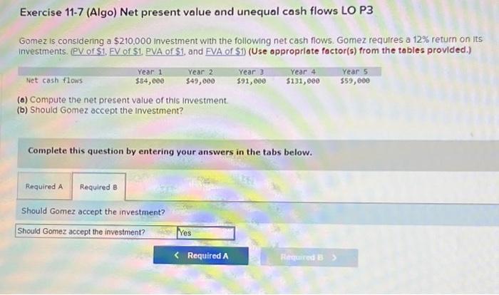Gomez is considering a $210,000 investment with the following net cash flows.