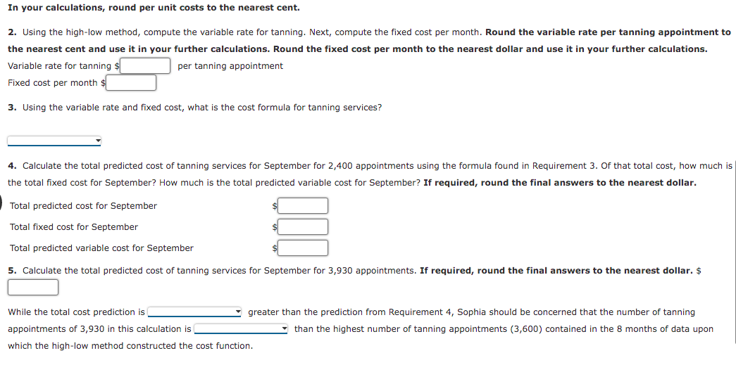 cost formula for tanning services? 4. Calculate the total predicted cost of