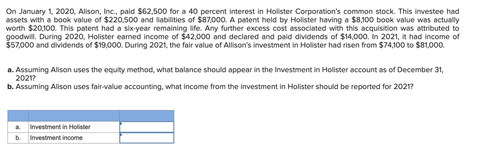  On January 1,2020, Alison, Inc., paid $62,500 for a 40 percent
