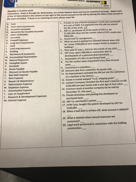  Question 1 (4 points each) Instructions: items A through AA, listed