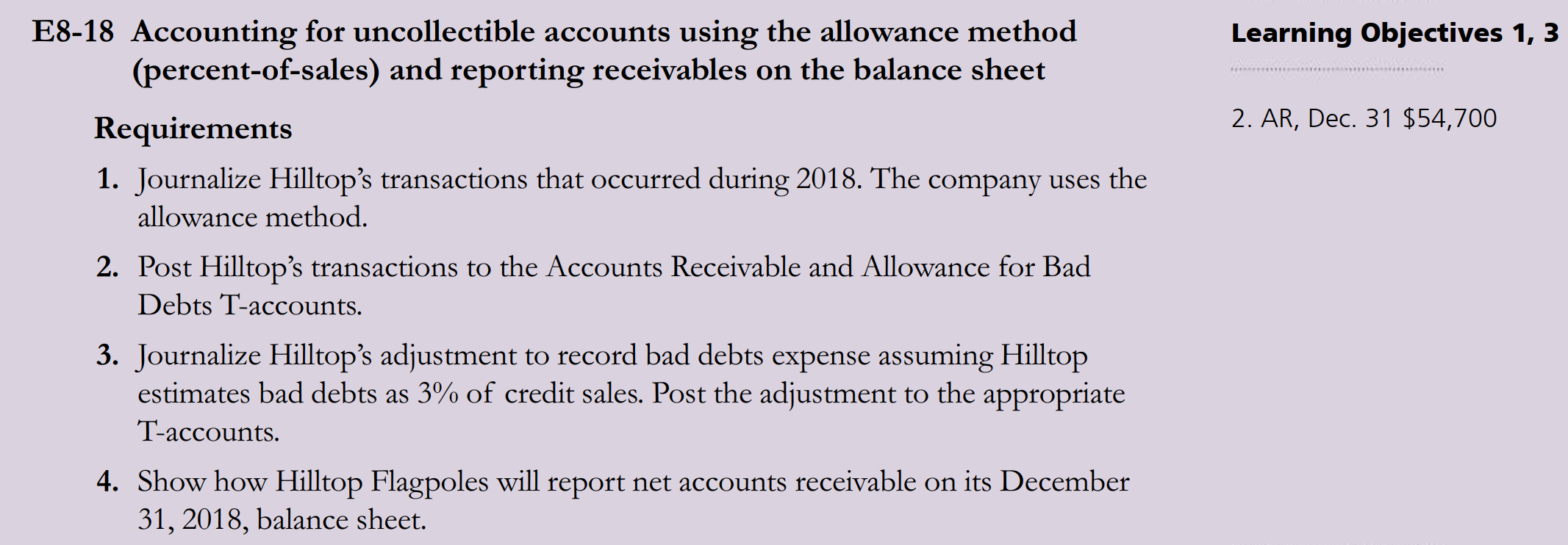 Exercises E8-18 and E8-19. At January 1, 2018, Hilltop Flagpoles had Accounts