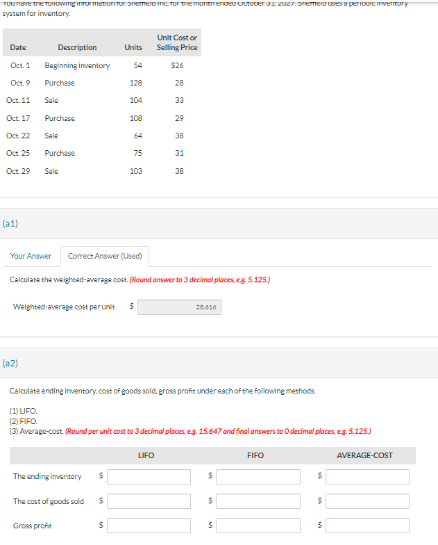 please help me solve all these. system for imventory. (a1) Calculate the