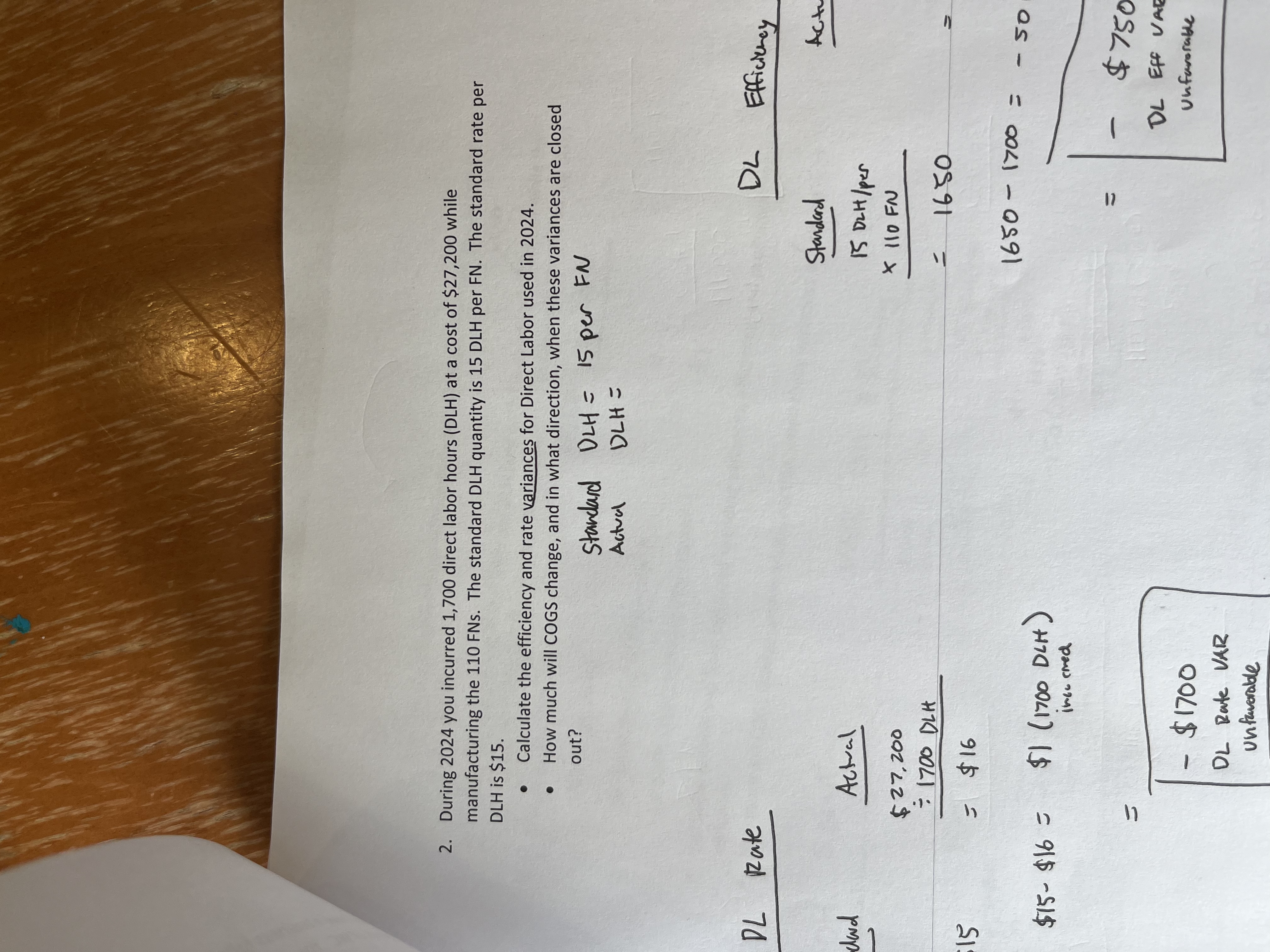  During 2024 you incurred 1,700 direct labor hours (DLH) at a