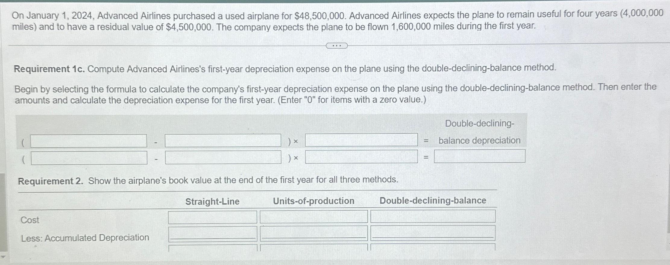  On January 1,2024, Advanced Airlines purchased a used airplane for $48,500,000.