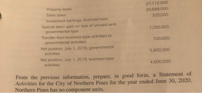 wide financial statements for the City of Northern Pines for the year