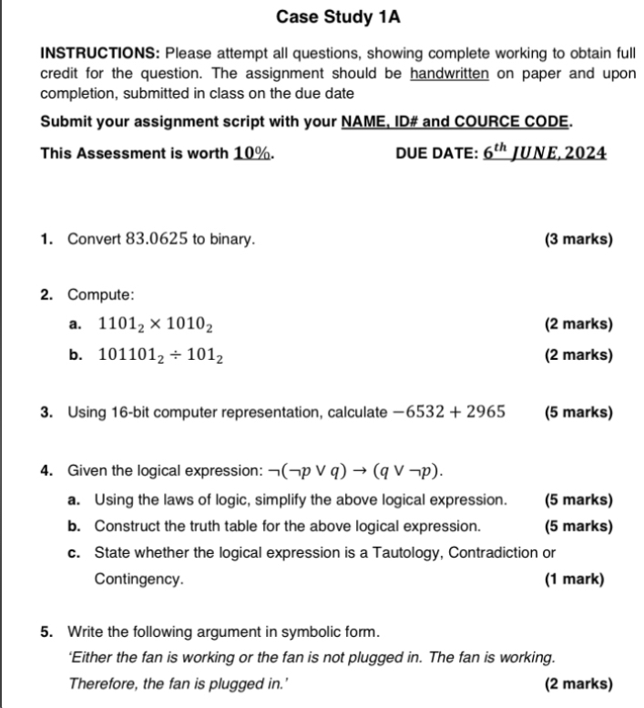  Case Study 1A INSTRUCTIONS: Please attempt all questions, showing complete working