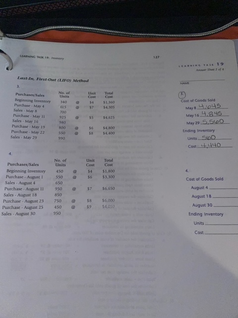 I only need question 3 answered. Last-In, First-Out (LIFO) Method (3.) Cost