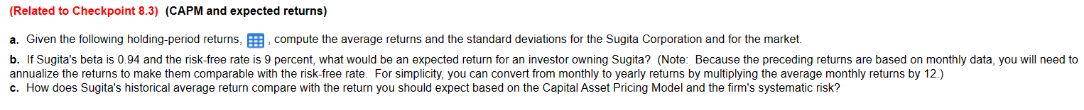  (Related to Checkpoint 8.3)(CAPM and expected returns) a. Given the following