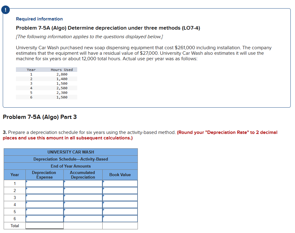 Problem 7-5A (Algo) Determine depreciation under three methods (LO7-4) [The following