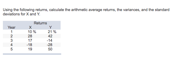  Using the following returns, calculate the arithmetic average returns, the variances,