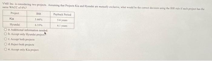  VME Inc. is considering two projects. Assuming that Projects Kia and