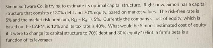  Simon Software Co. is trying to estimate its optimal capital structure.