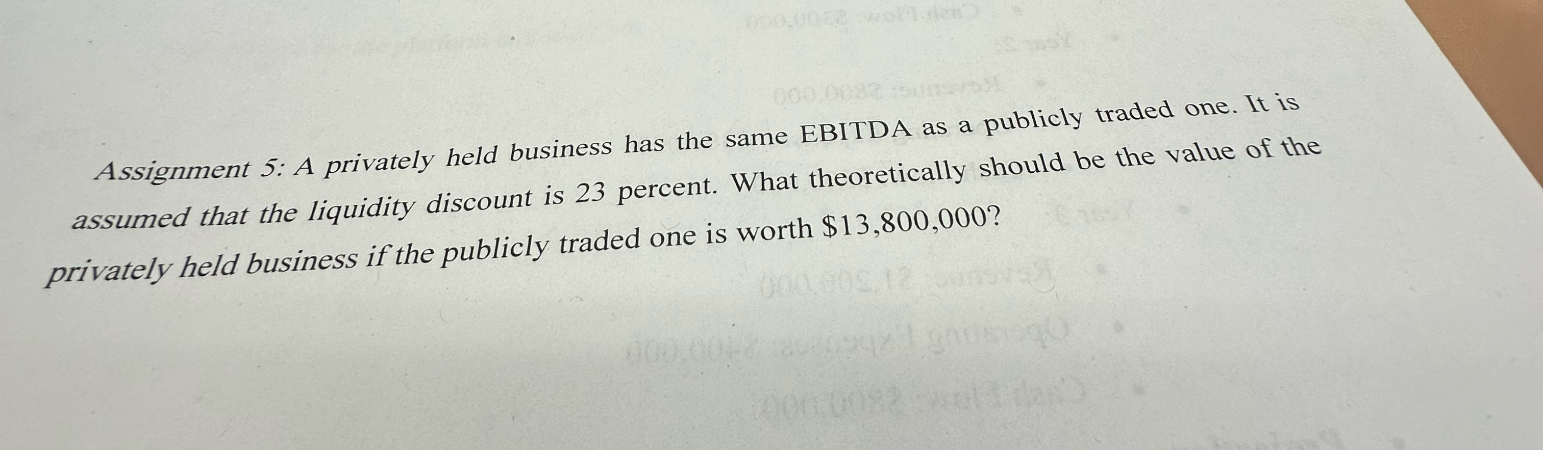  Assignment 5: A privately held business has the same EBITDA as