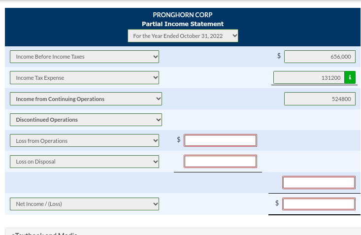  PRONGHORN CORP Partial Income Statement For the Year Ended October 31,2022