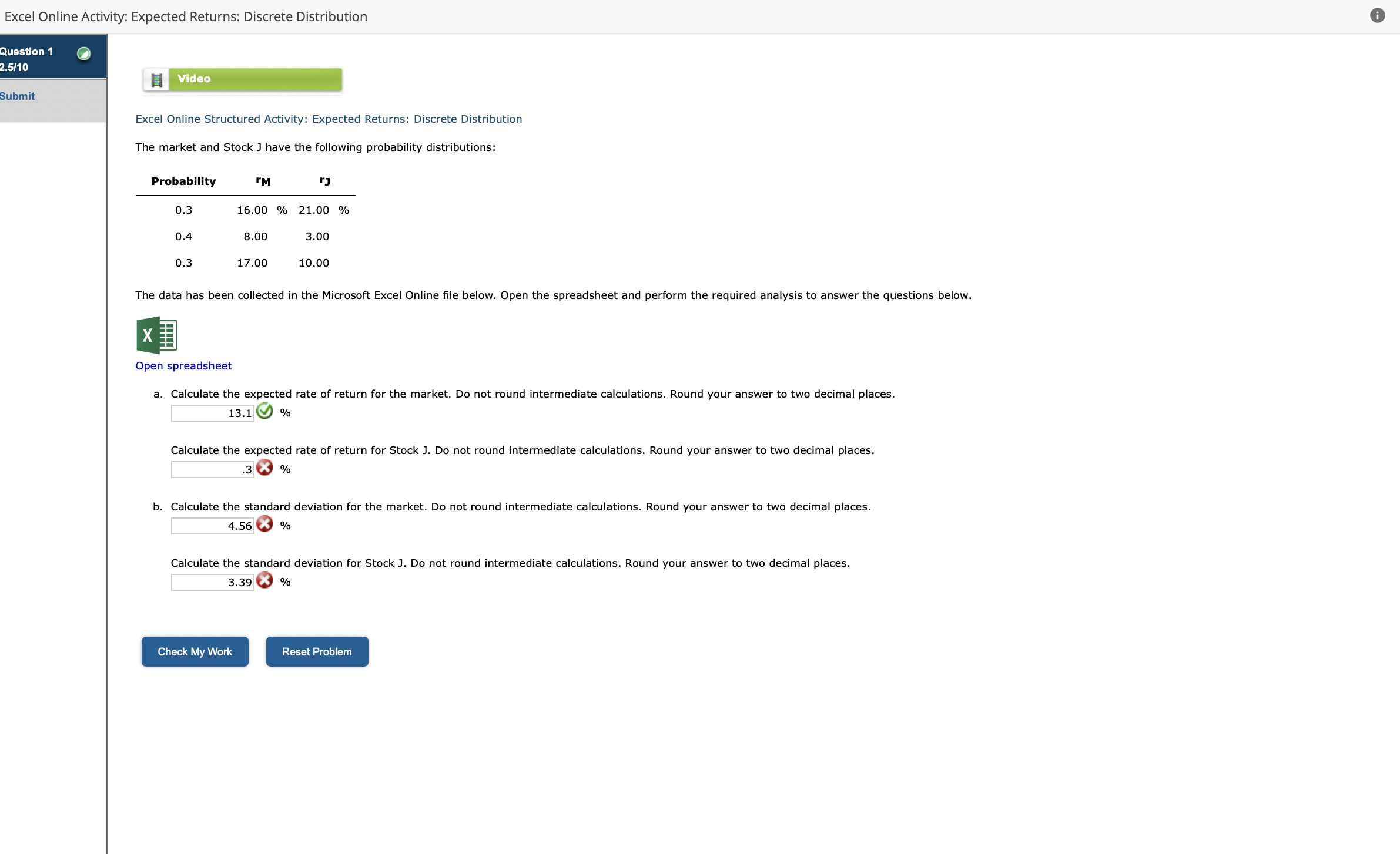 Excel Online Activity: Expected Returns: Discrete Distribution Question 1 2.5/10 Submit