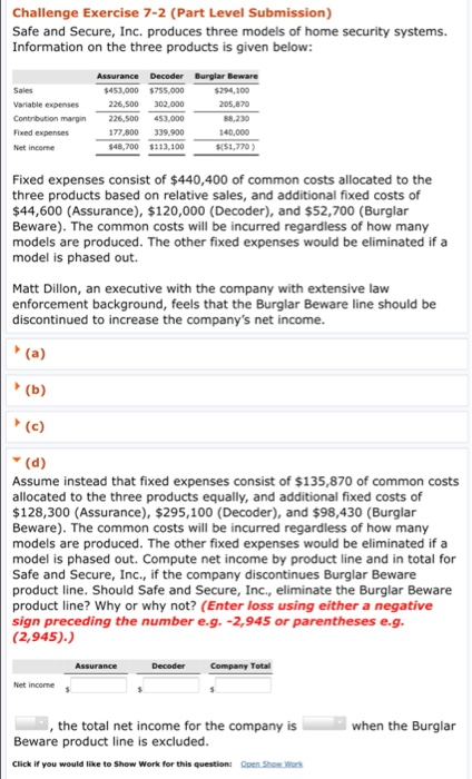  Challenge Exercise 7-2 (Part Level Submission) Safe and Secure, Inc. produces