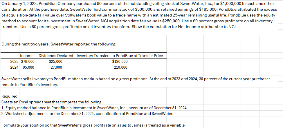  On January 1,2023, PondBlue Company purchased 80 percent of the outstanding
