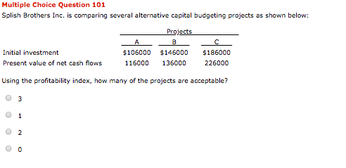  Multiple Choice Question 101 Splish Brothers Inc. is comparigseveral alternative capital