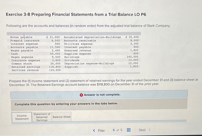 what am I Missing? shows incomplete. Exercise 3-8 Preparing Financial Statements from