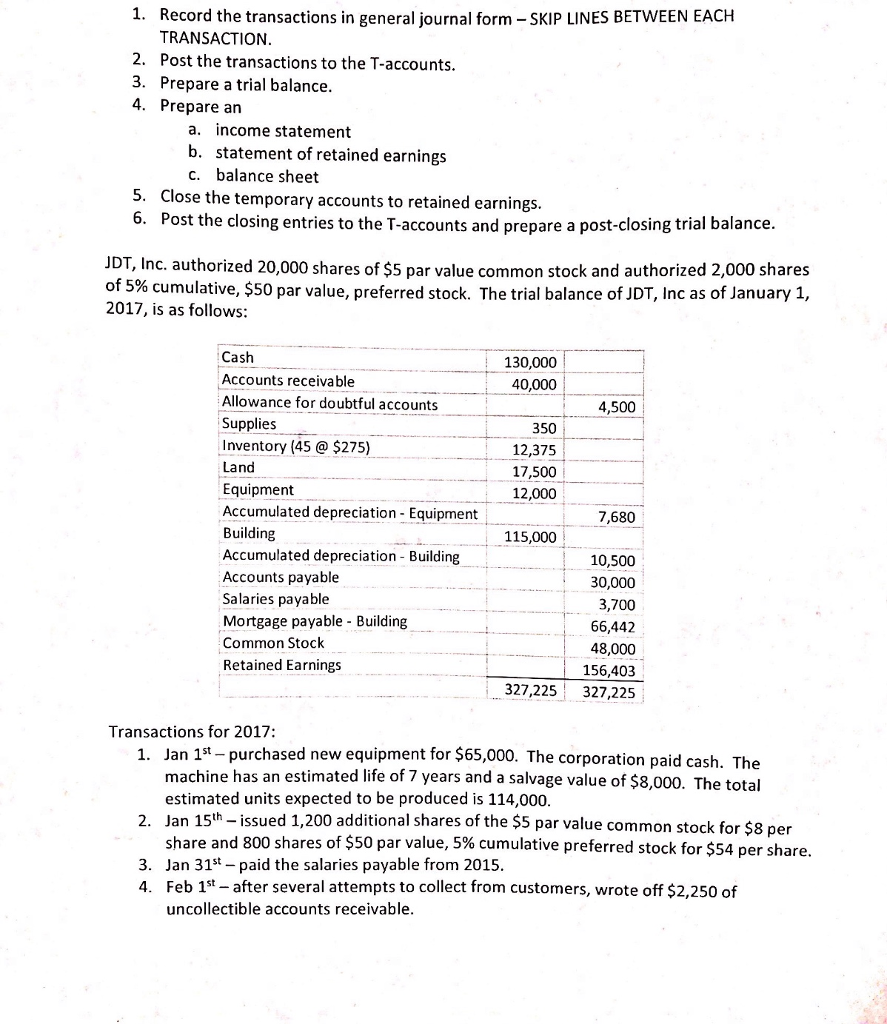  1. Record the transactions in general journal form -SKIP LINES BETWEEN