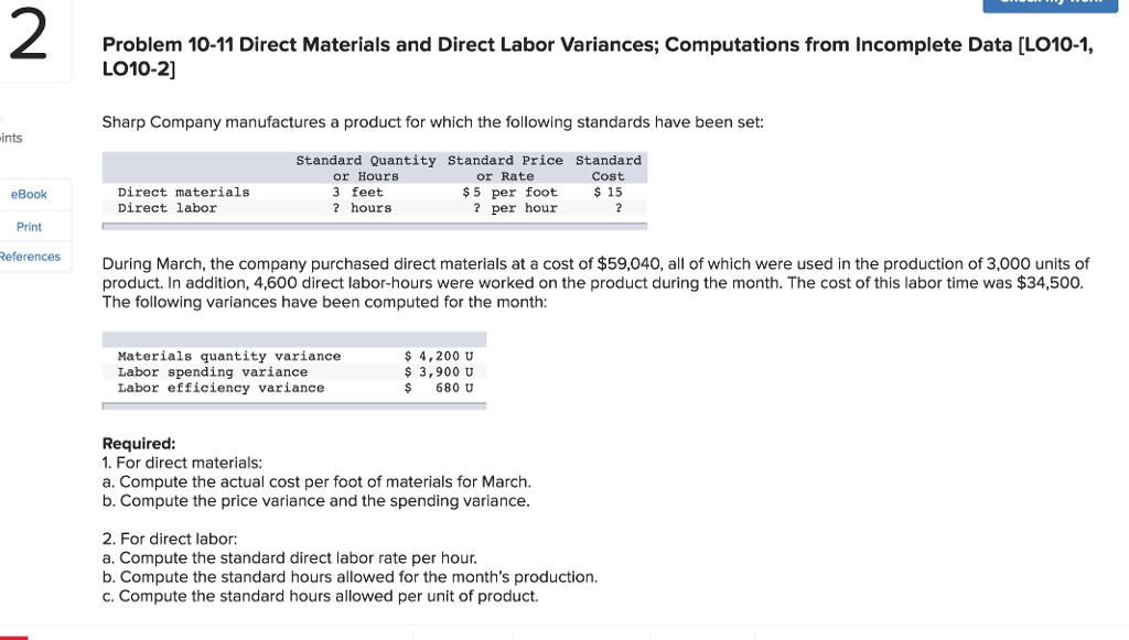 2 Problem 10-11 Direct Materials and Direct Labor Variances; Computations from