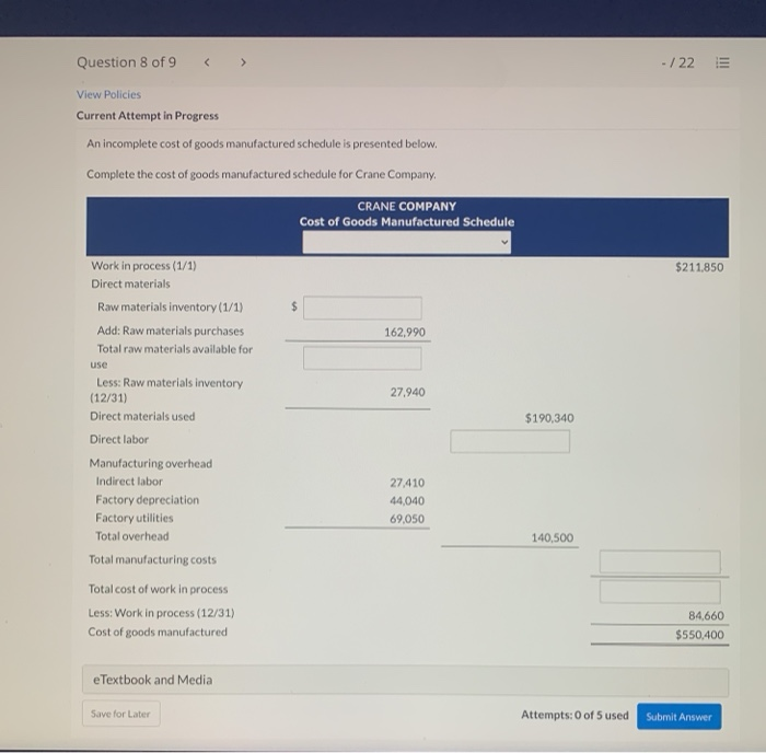  Question 8 of 9 -/22 E View Policies Current Attempt in