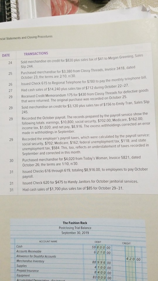 Closing Procedures DATE Oct. 1 TRANSACTIONS Issued Check 601 for $4,200 to