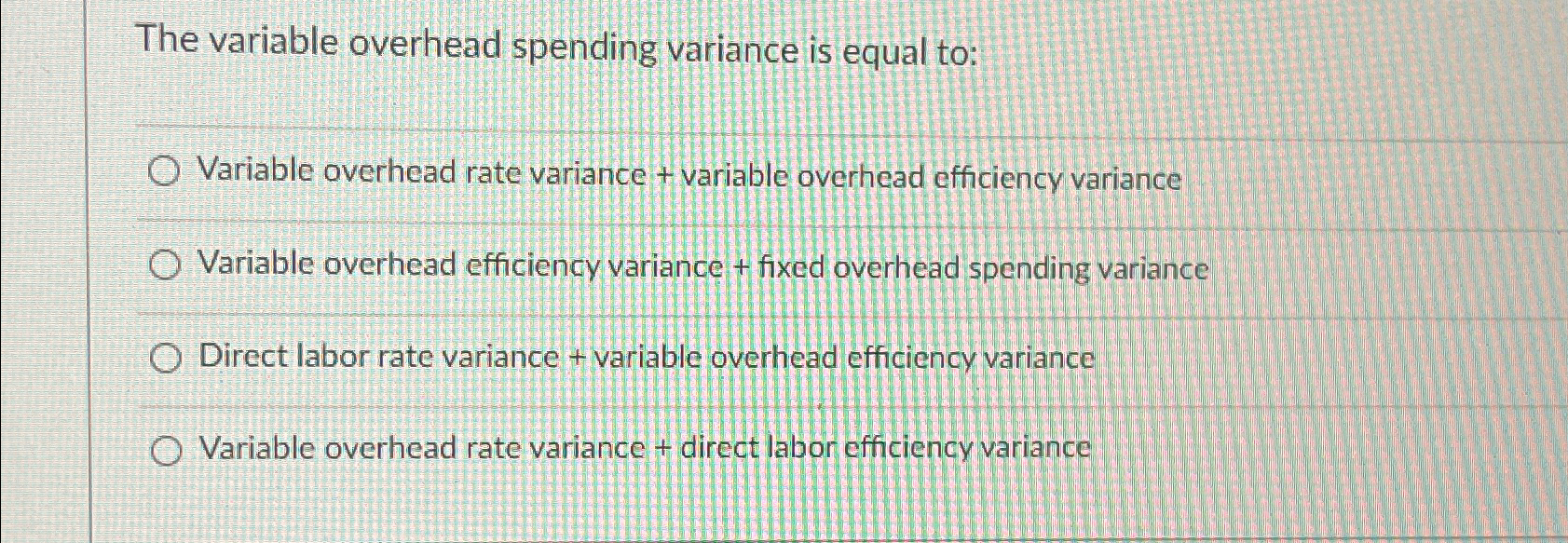  The variable overhead spending variance is equal to: Variable overhead rate