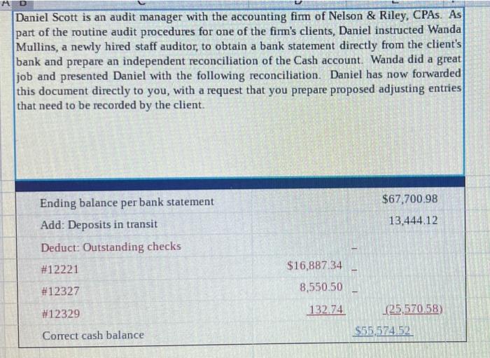  AD a Daniel Scott is an audit manager with the accounting
