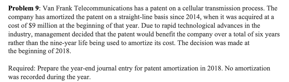 Problem 9: Van Frank Telecommunications has a patent on a cellular