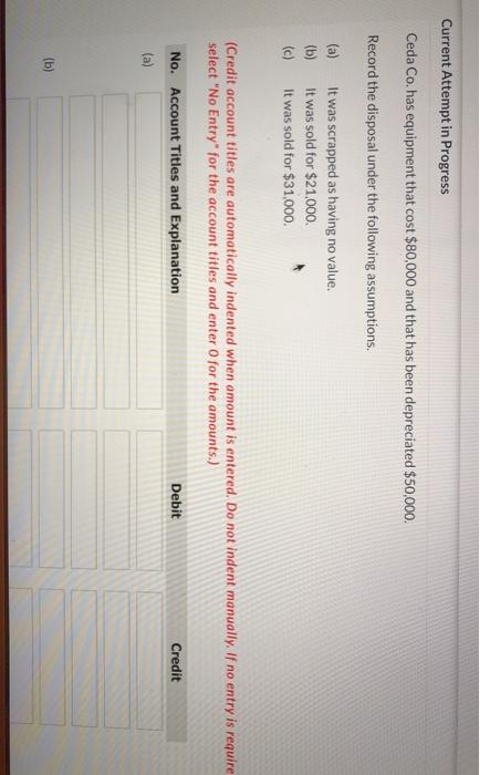  Current Attempt in Progress Ceda Co. has equipment that cost $80,000
