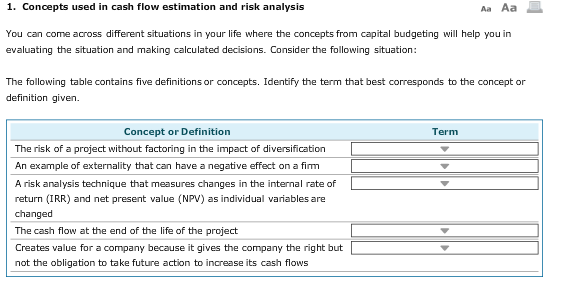  1. Concepts used in cash flow estimation and risk analysis Aa
