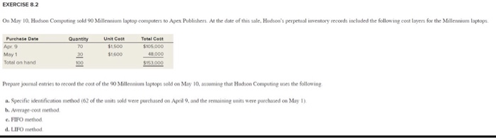  EXERCISE 8.2 On May 10. Hudson Computing sold 90 Millennium laptop