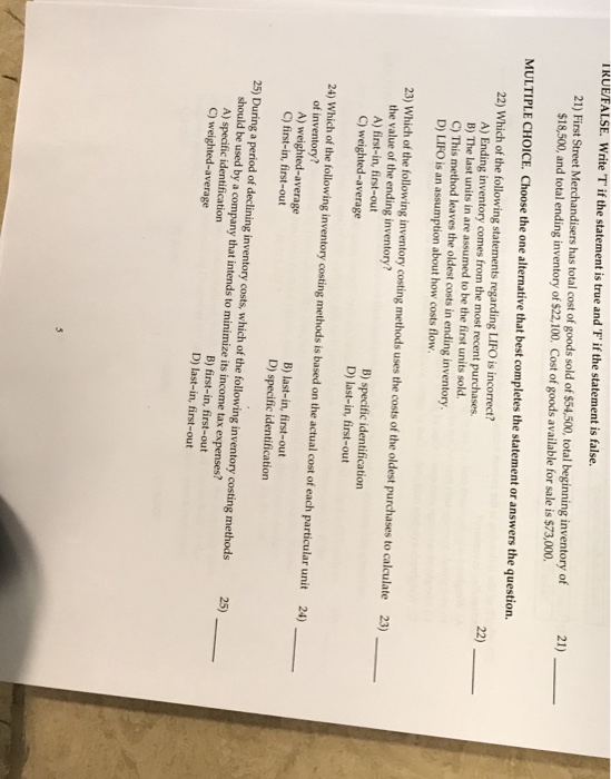  RUE/FALSE. Write T if the statement is true and F' if